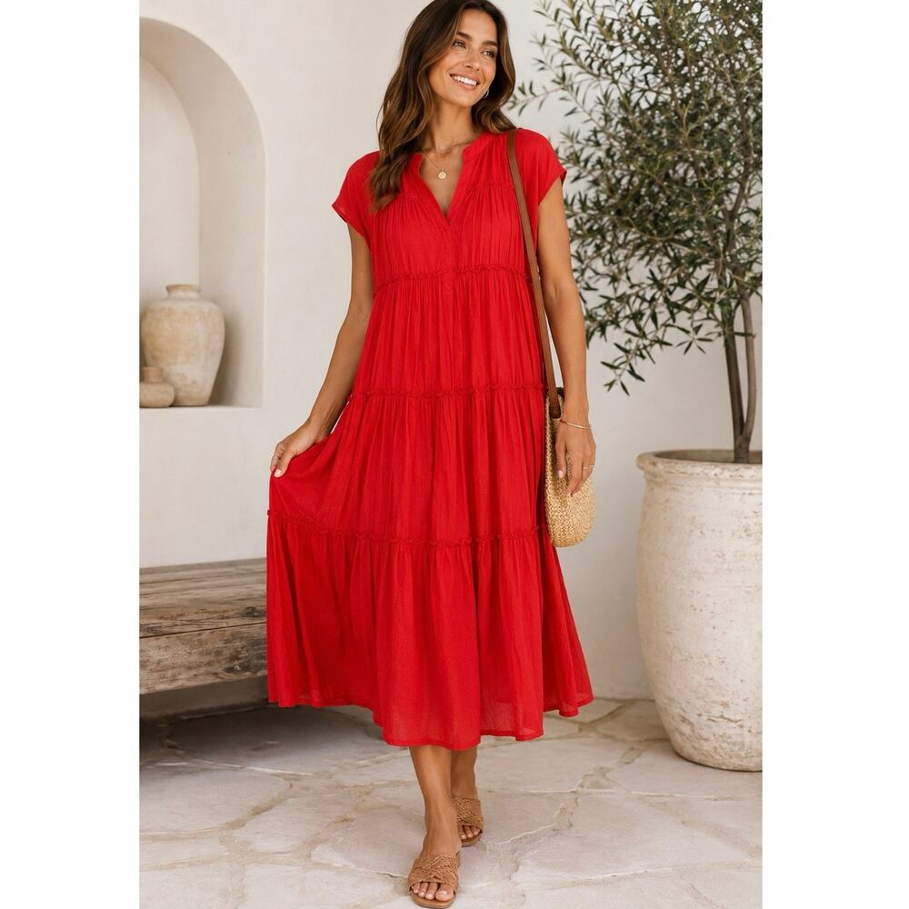 Holiday Australia Red 100% Cotton Tiered Boho Midi Dress Women’s Large Oversized